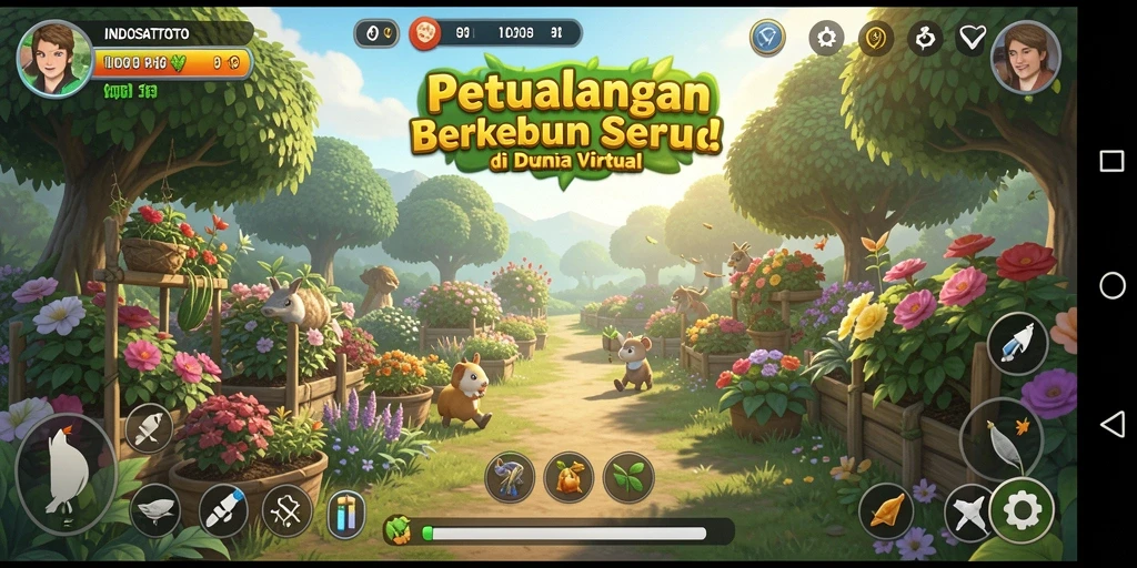 Screenshot permainan INDOSATTOTO dengan tampilan berkebun yang menarik.