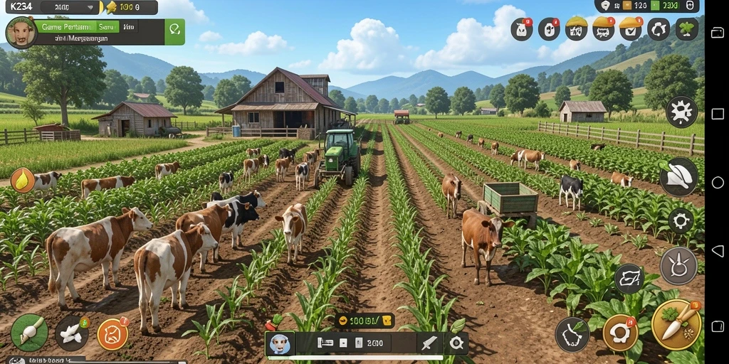 Tampilan gameplay K234 dengan berbagai tanaman dan ladang yang subur.