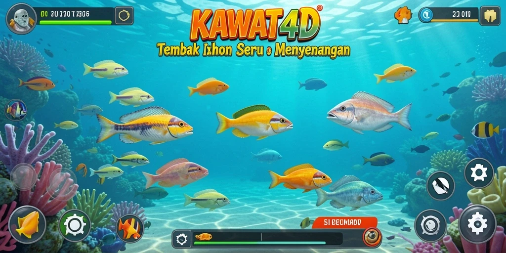 Screenshot KAWAT4D menampilkan aksi seru menembak ikan di bawah laut.