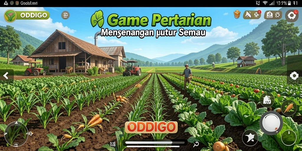 Tampilan menarik dari gameplay ODDIGO yang menampilkan kegiatan bertani.