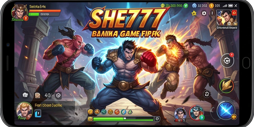 Tangkapan layar gameplay <strong>SHE777</strong> dengan karakter bertarung di arena yang menegangkan.